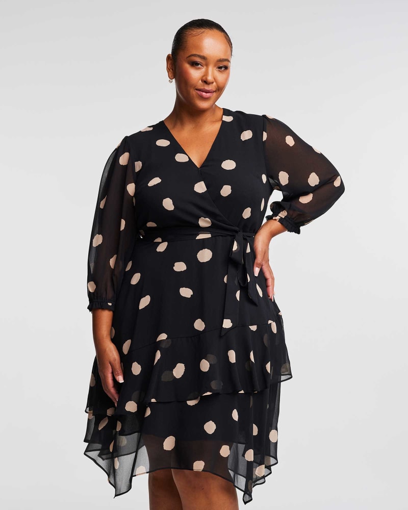 Front of a model wearing a size 16W Begin Again Asymm 3/4 Dress in BLACK/BEIGE by Estelle. | dia_product_style_image_id:315552